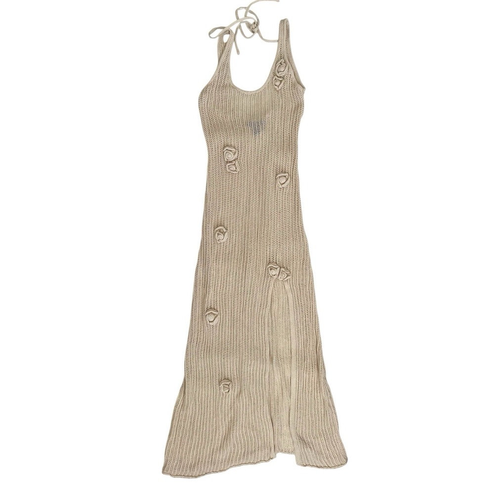 Forever 21 Crochet Maxi Dress S Cream 3D Flower Rosette Beach Cover Up Resort